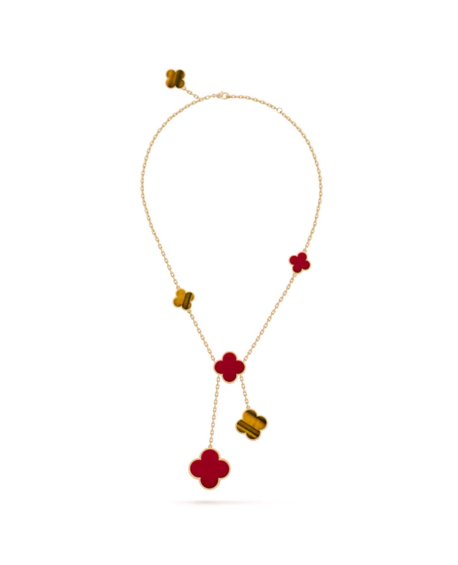 Van Cleef Magic Alhambra Necklace, 6 motifs, yellow gold, Carnelian, Tiger Eye