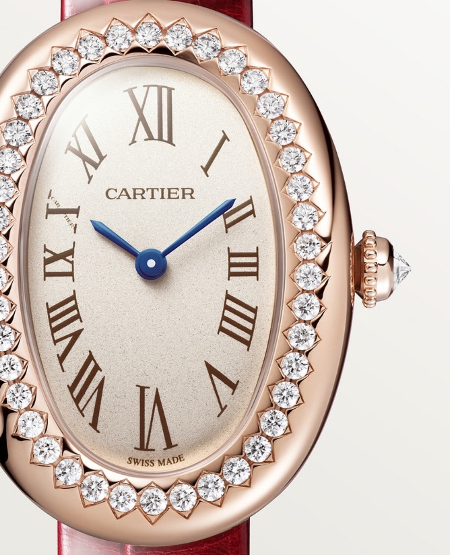 Cartier BAIGNOIRE Watch, Small Model, Diamonds, Red Strap
