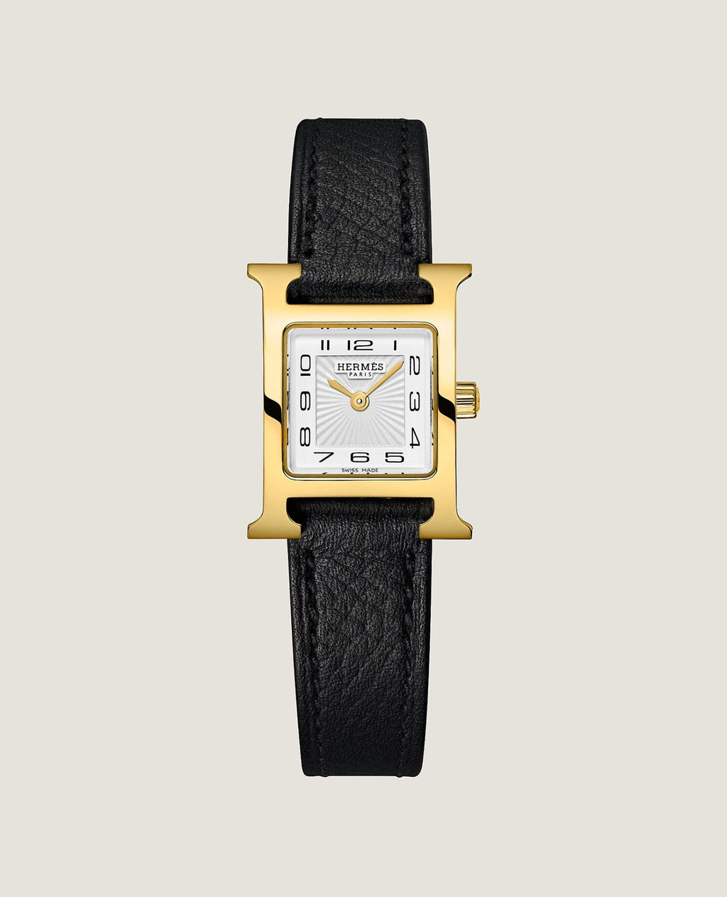 Hermès Heure H watch, Mini model, 21 mm, Yellow gold-plated steel, Black Epsom