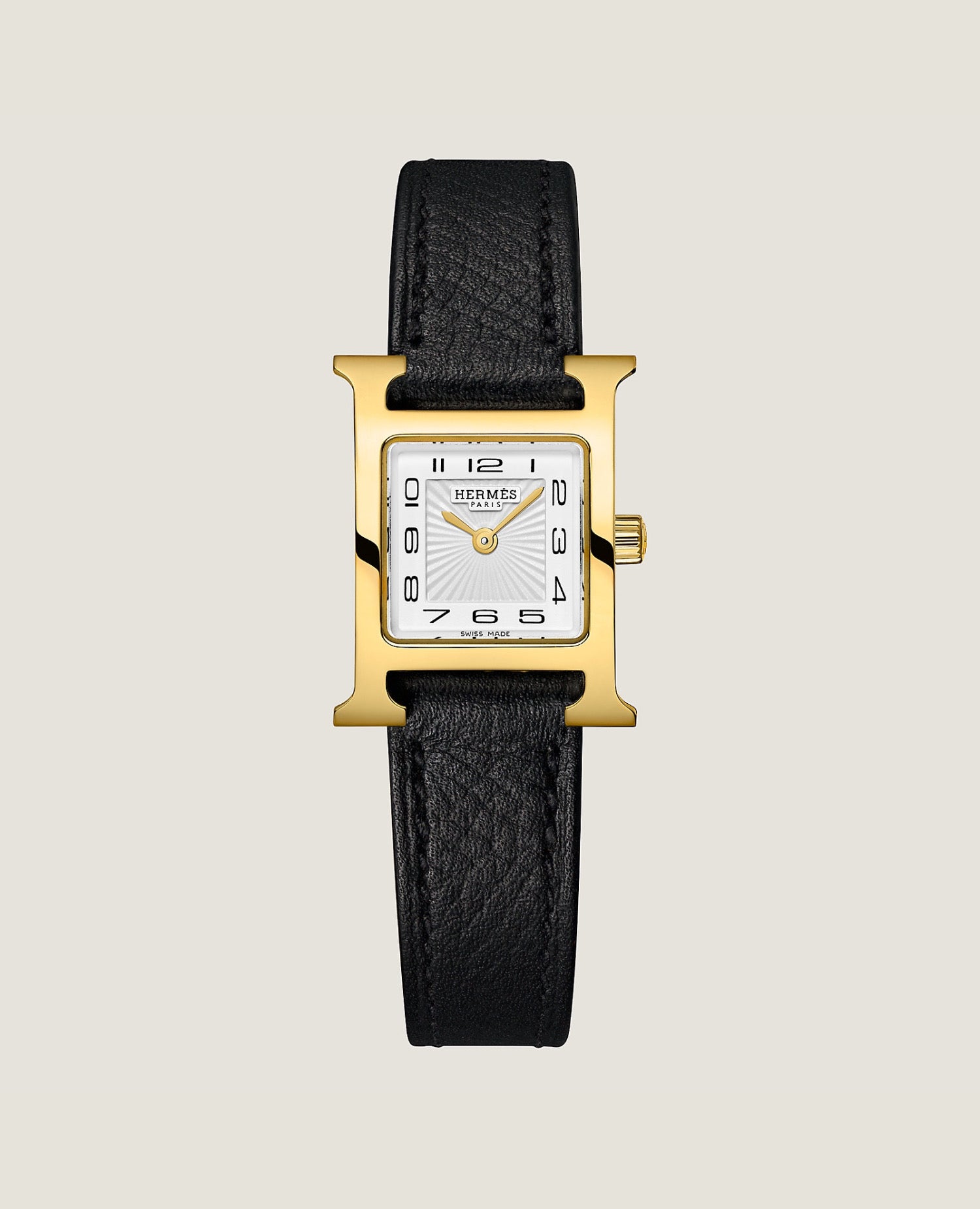 Hermès Heure H watch, Mini model, 21 mm, Yellow gold-plated steel, Black Epsom