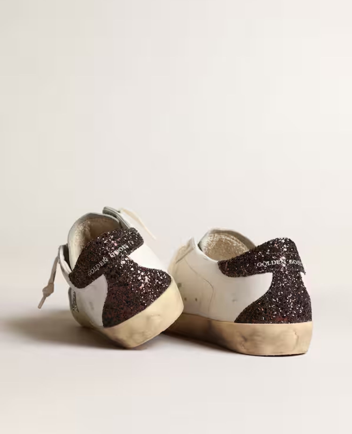 Golden Goose Women's Super-Star with silver star and brown glitter heel tab