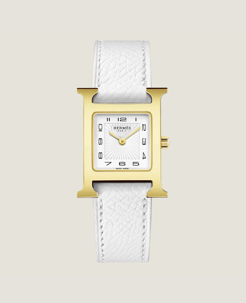 Hermès Heure H watch, Small model, 25 mm Yellow gold-plated steel, White Epsom