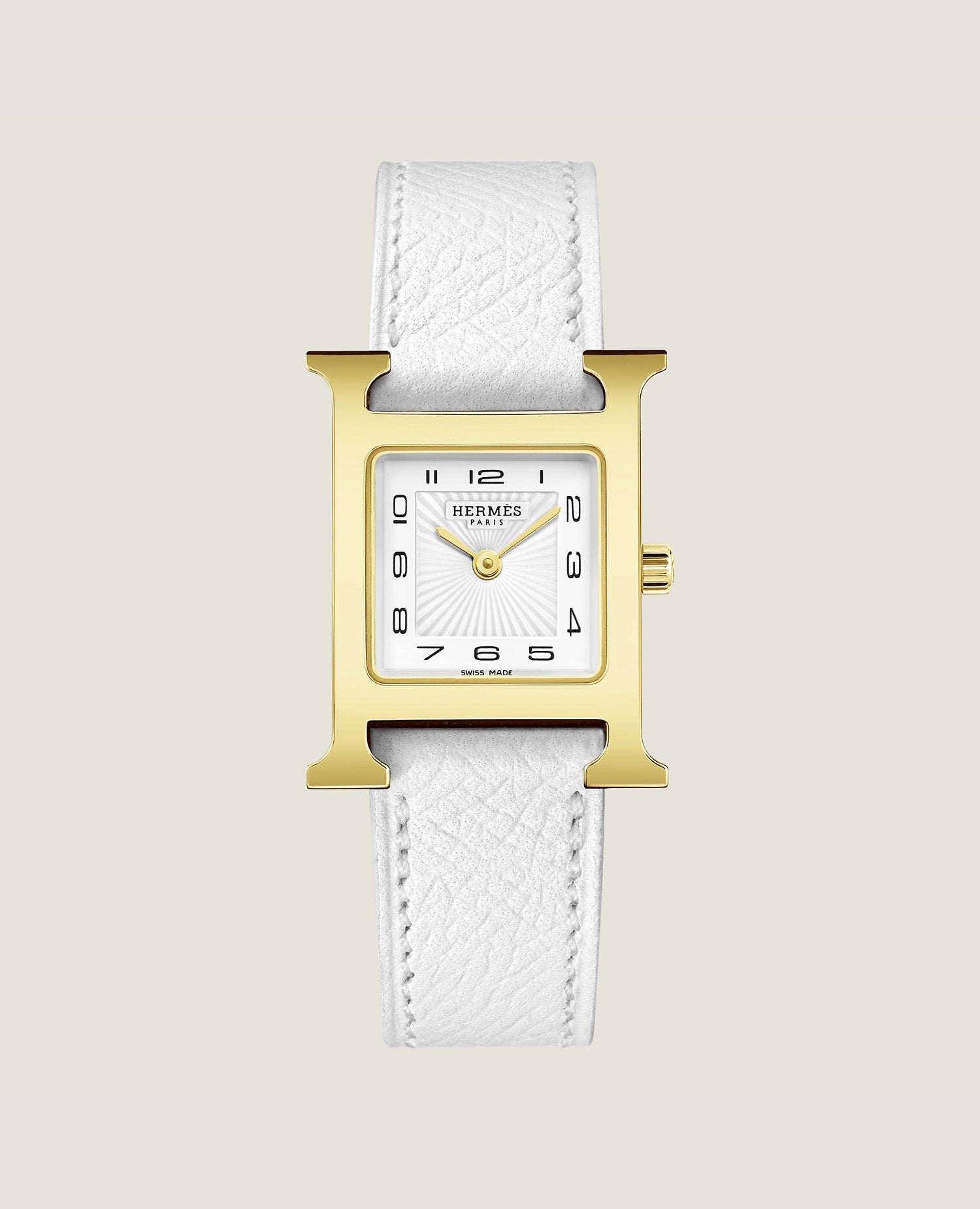Hermès Heure H watch, Small model, 25 mm Yellow gold-plated steel, White Epsom