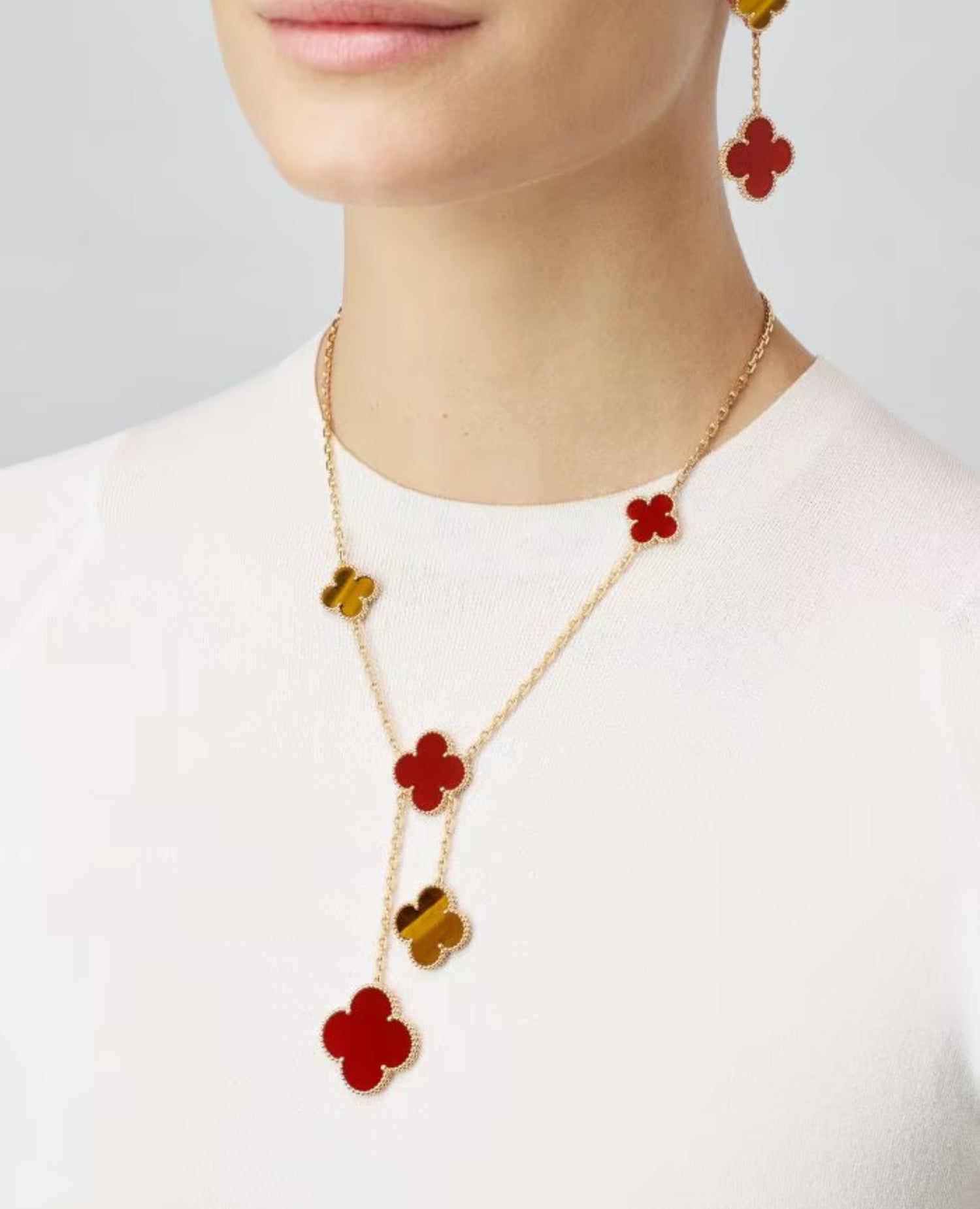 Van Cleef Magic Alhambra Necklace, 6 motifs, yellow gold, Carnelian, Tiger Eye