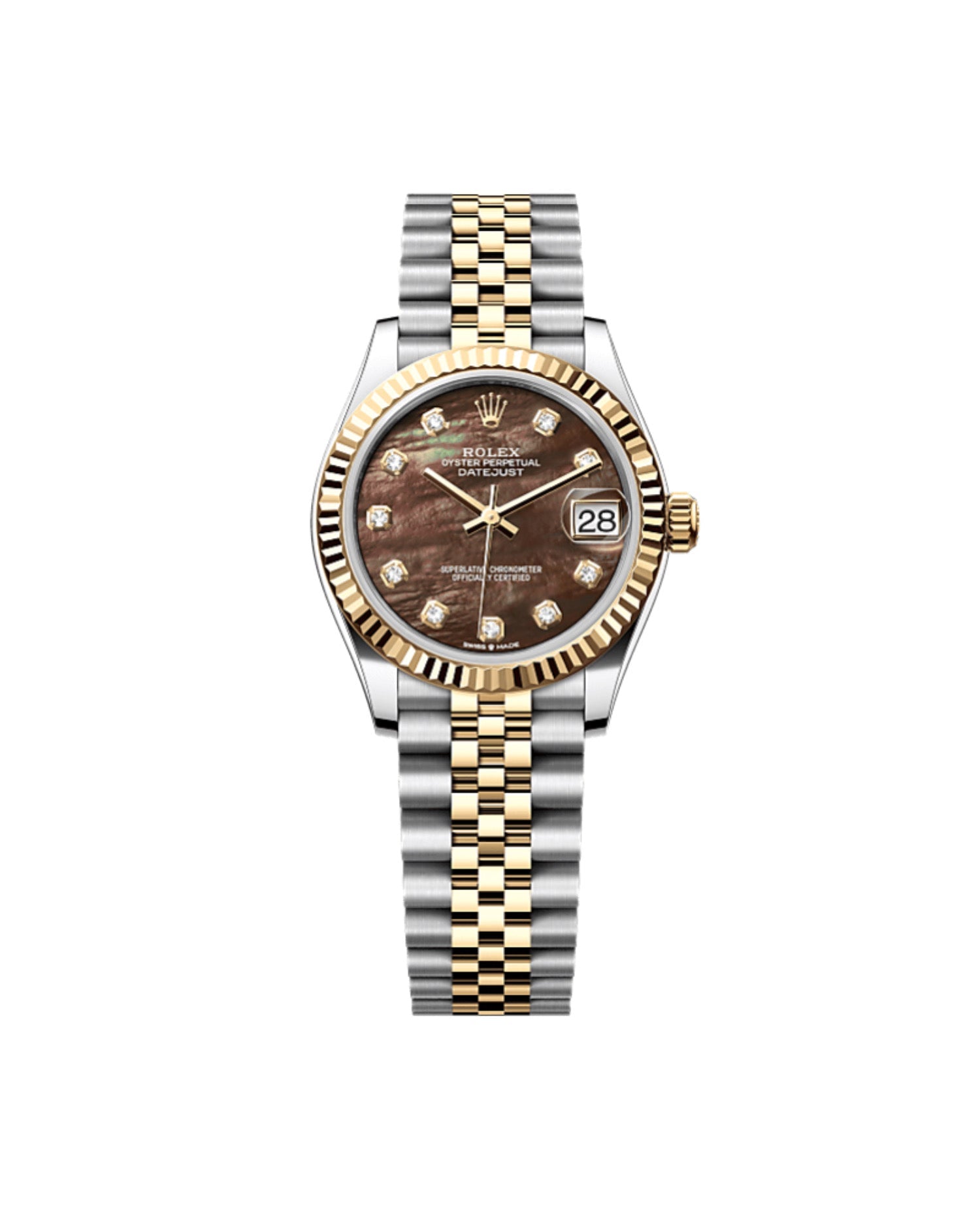 Rolex Datejust 31 Oyster, 31 mm, Oystersteel, yellow gold, Features a Black mother-of-pearl