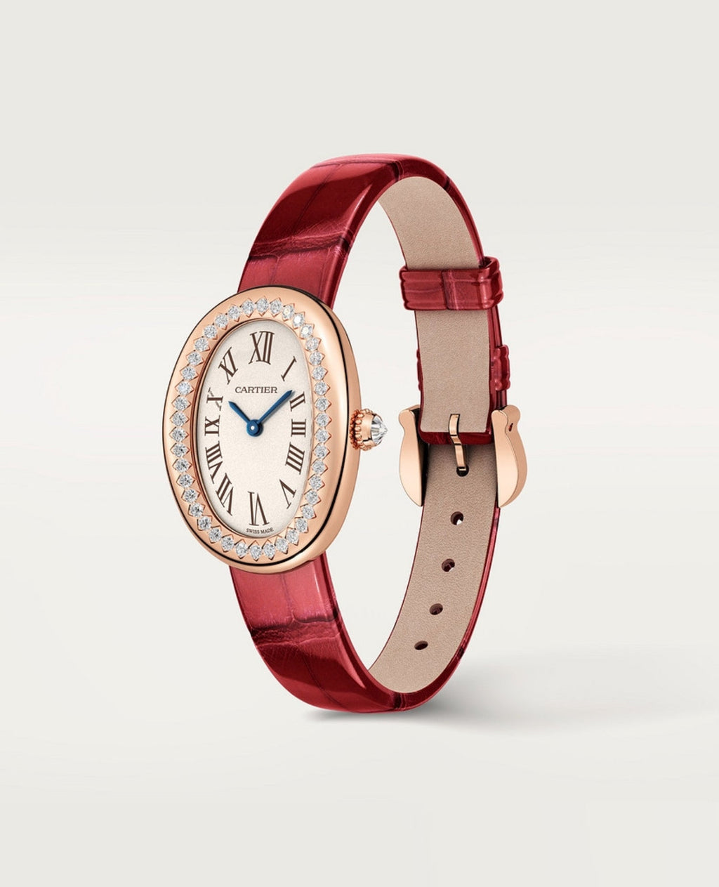 Cartier BAIGNOIRE Watch, Small Model, Diamonds, Red Strap