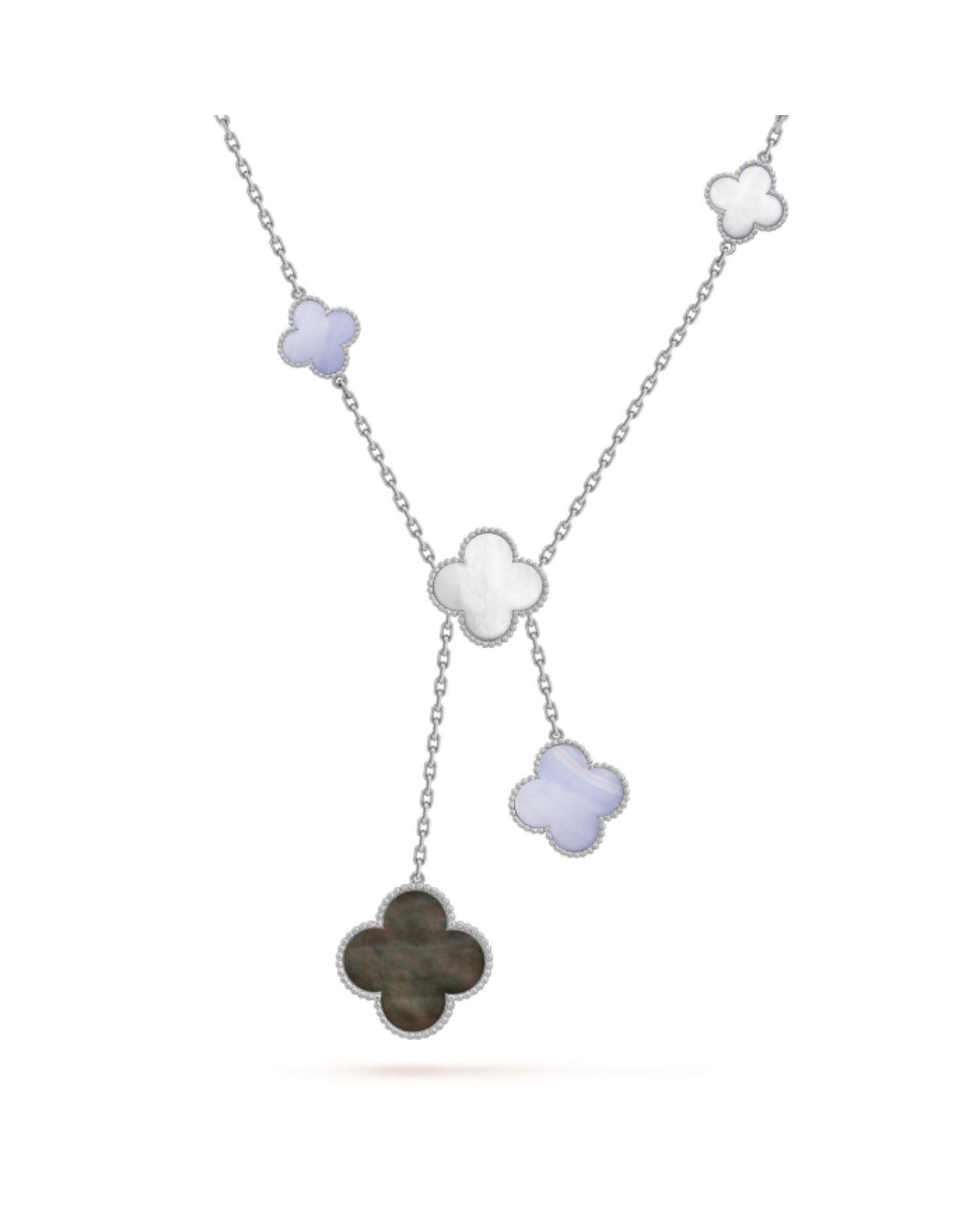 Van Cleef Magic Alhambra necklace, 6 motifs, white gold, Chalcedony, Mother-of-pearl