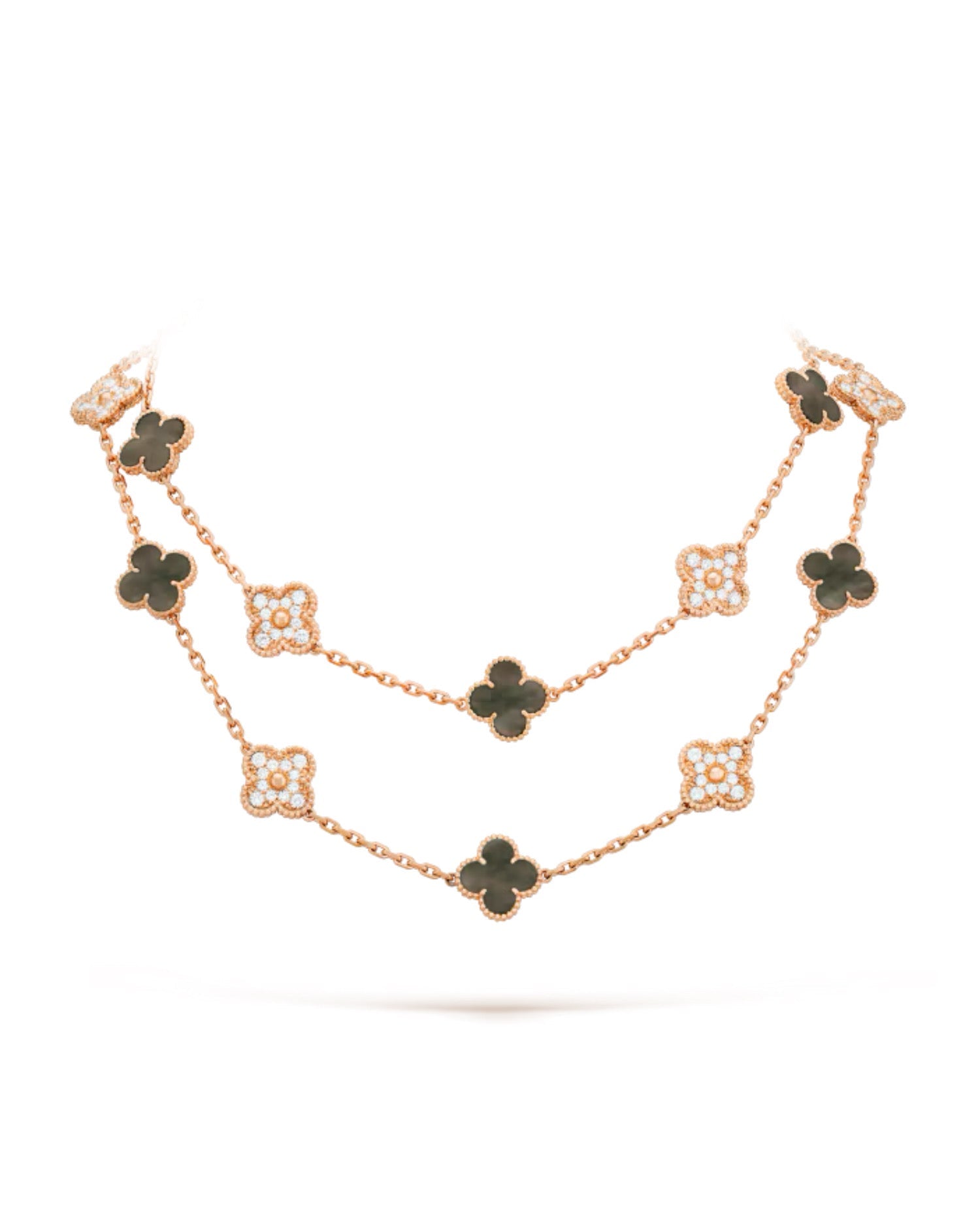 Van Cleef Vintage Alhambra long necklace, 20 motifs, rose gold, Diamond, Mother-of-pearl