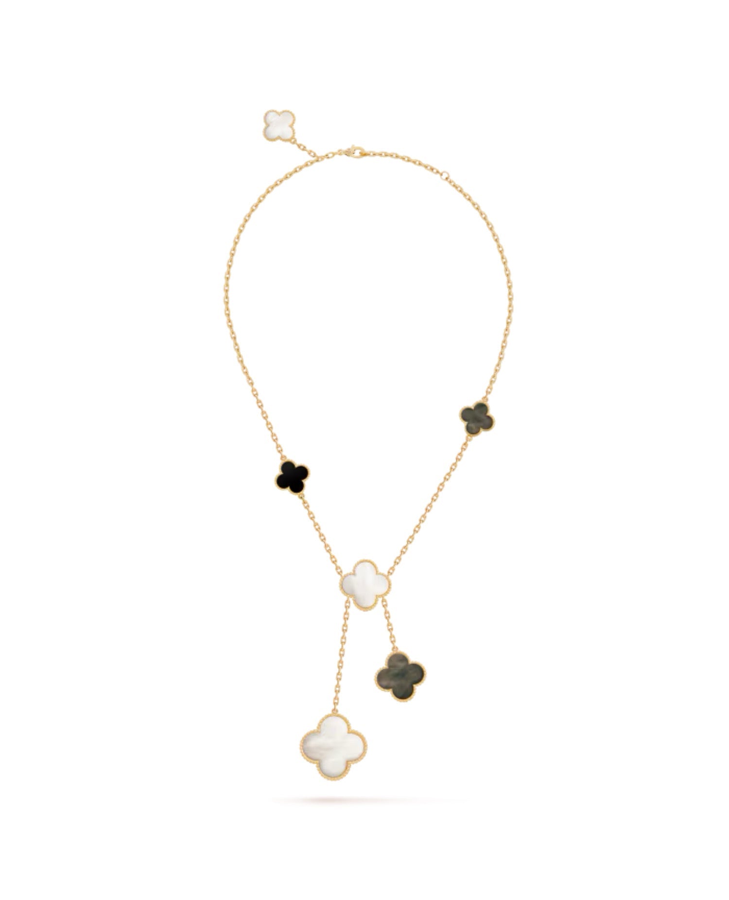 Van Cleef Magic Alhambra necklace, 6 motifs, yellow gold, Mother-of-pearl, Onyx