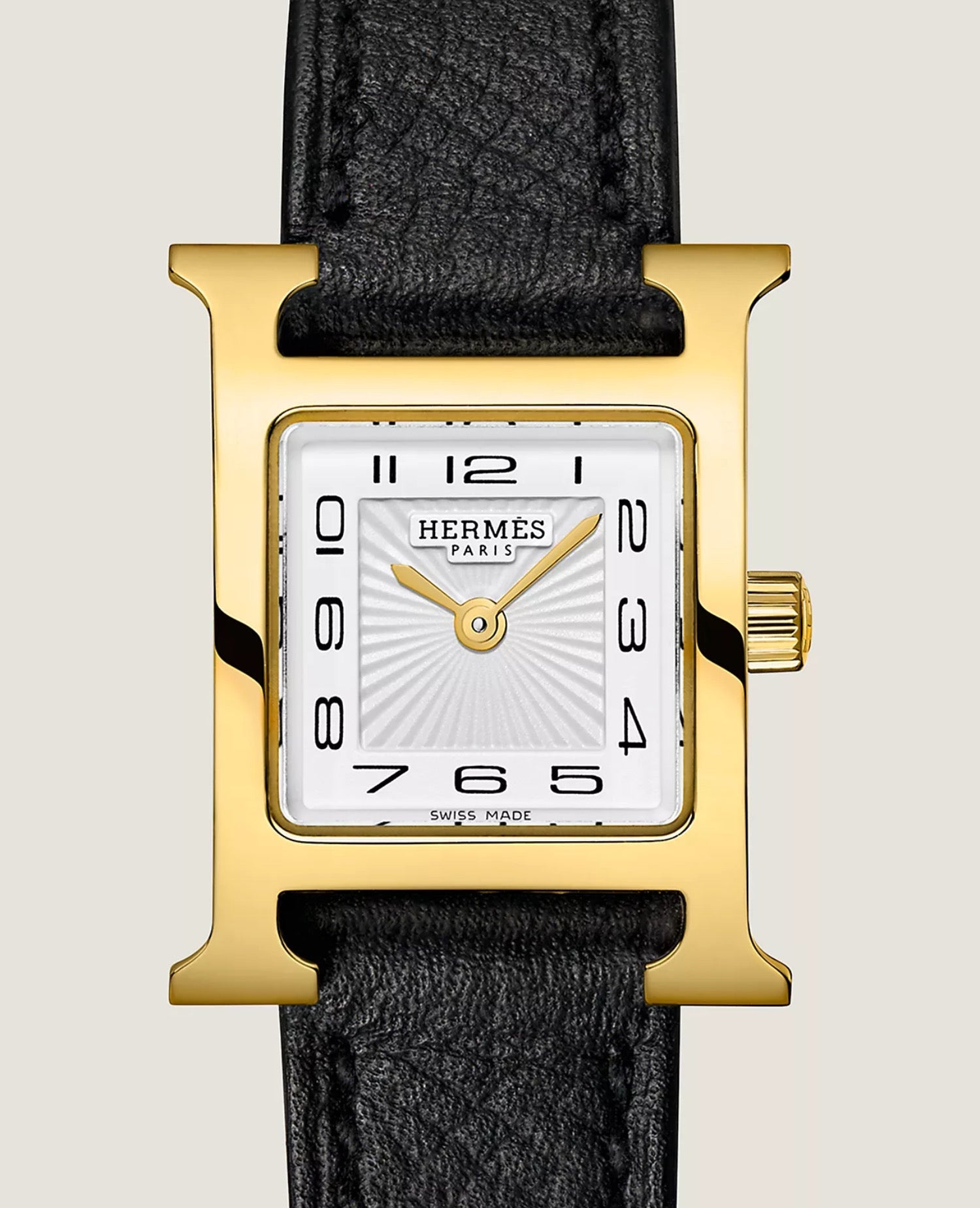Hermès Heure H watch, Mini model, 21 mm, Yellow gold-plated steel, Black Epsom