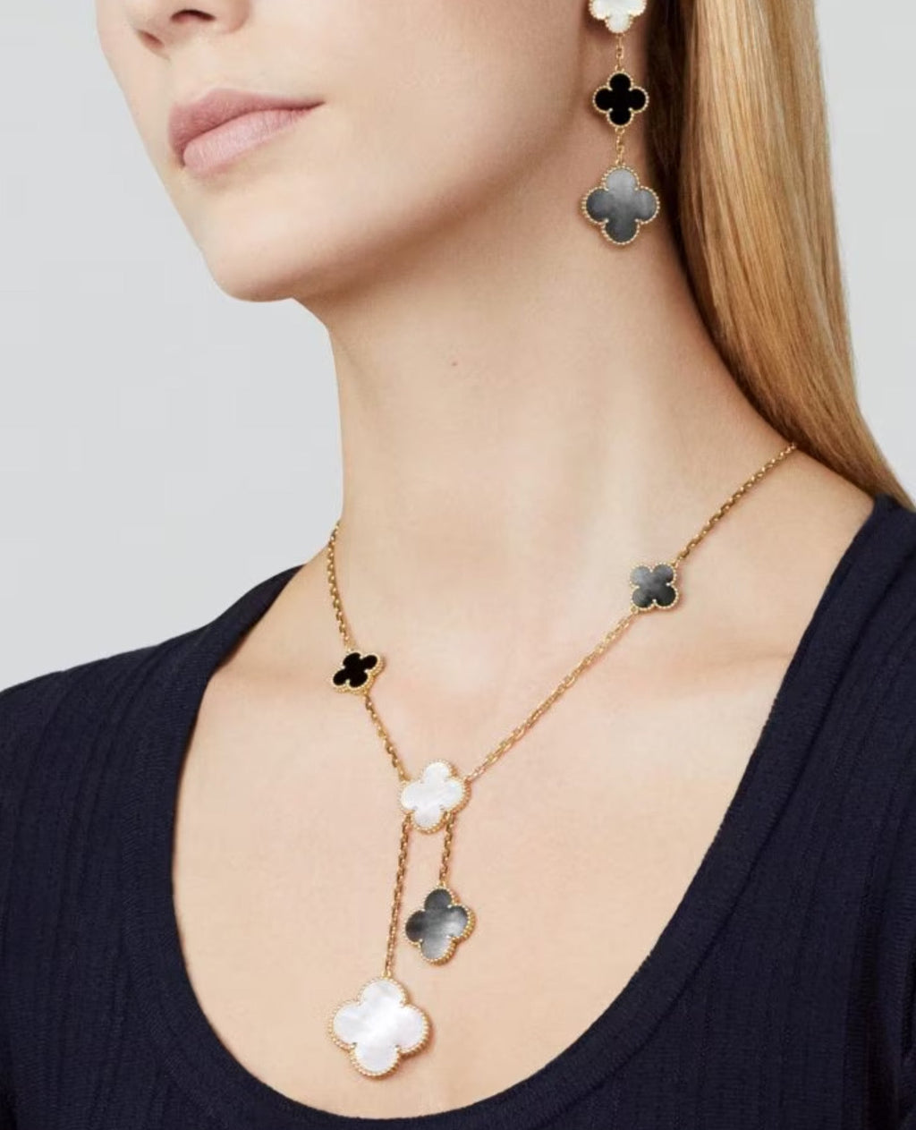 Van Cleef Magic Alhambra necklace, 6 motifs, yellow gold, Mother-of-pearl, Onyx