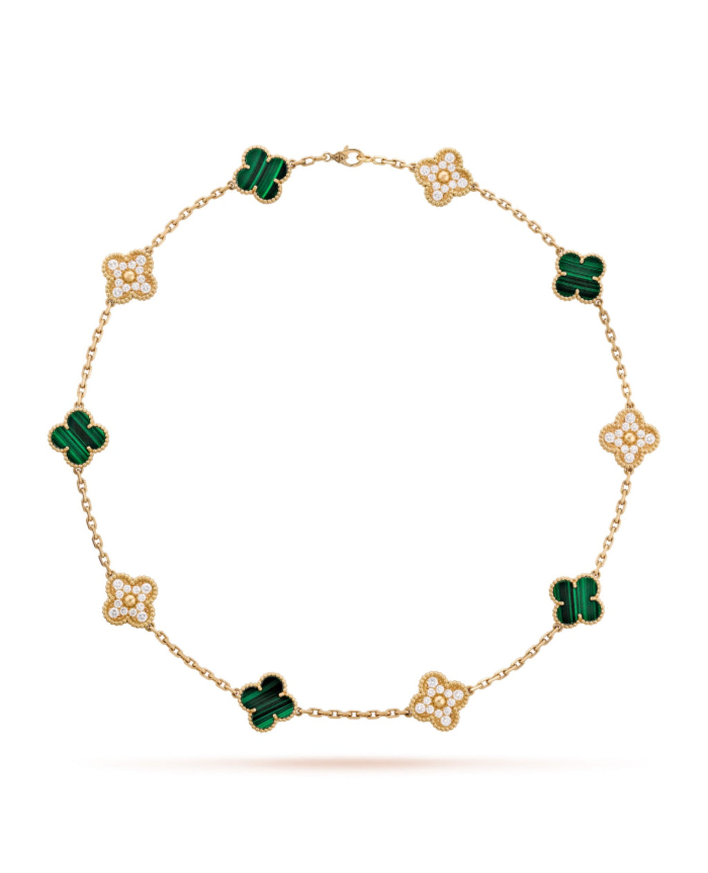 Vintage Alhambra Necklace, 10 motifs, Yellow Gold, Diamond, Malachite