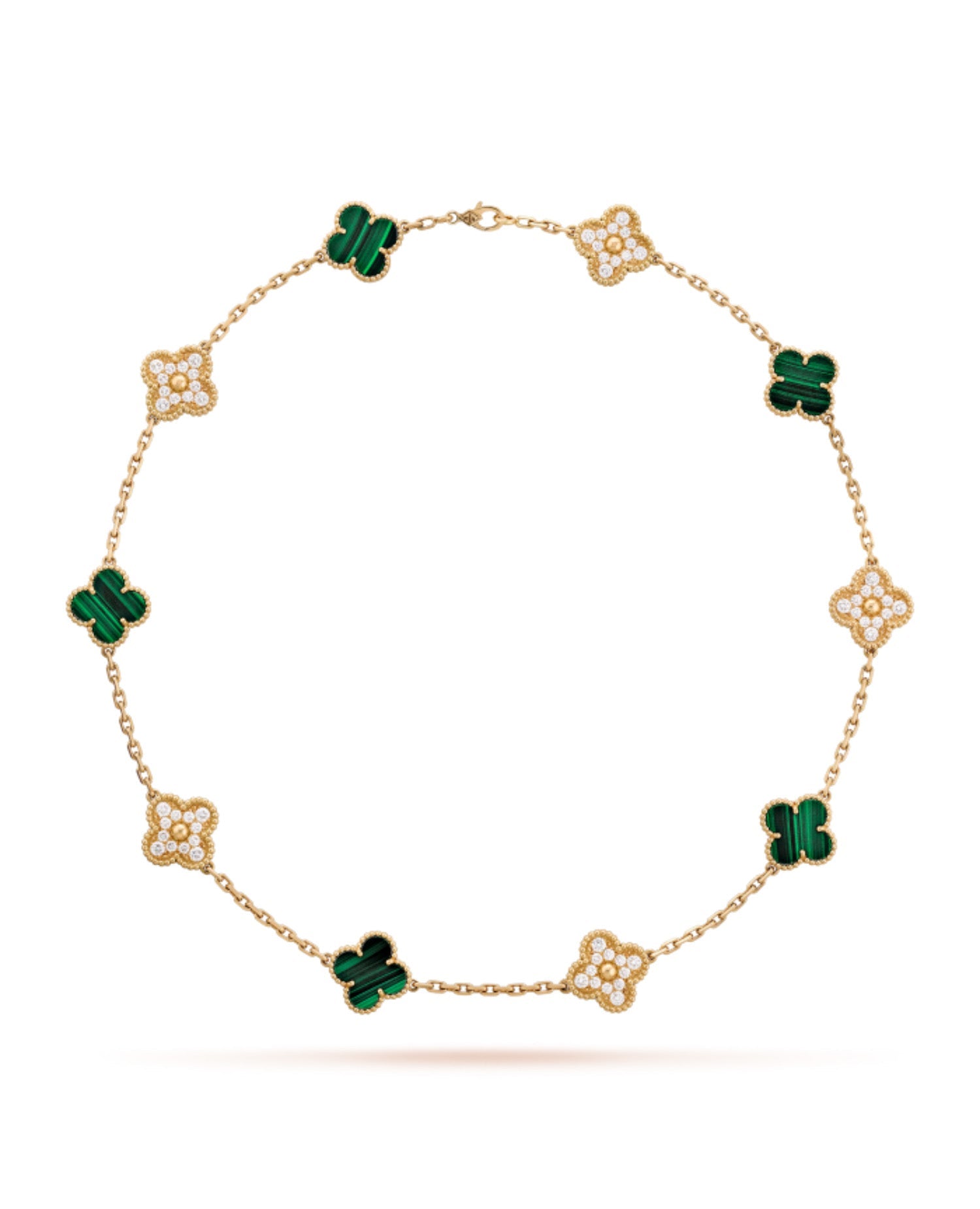 Vintage Alhambra Necklace, 10 motifs, Yellow Gold, Diamond, Malachite