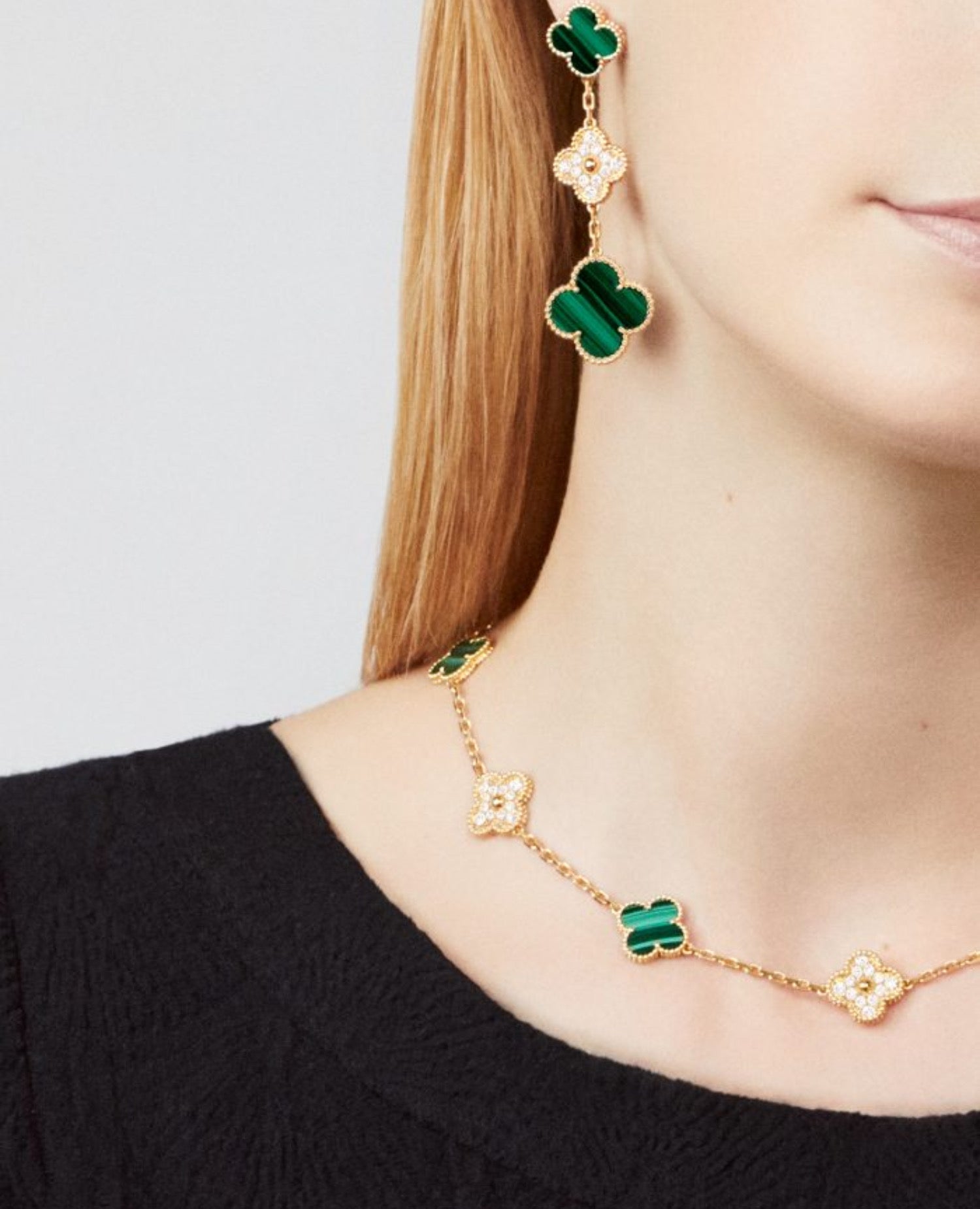 Vintage Alhambra Necklace, 10 motifs, Yellow Gold, Diamond, Malachite