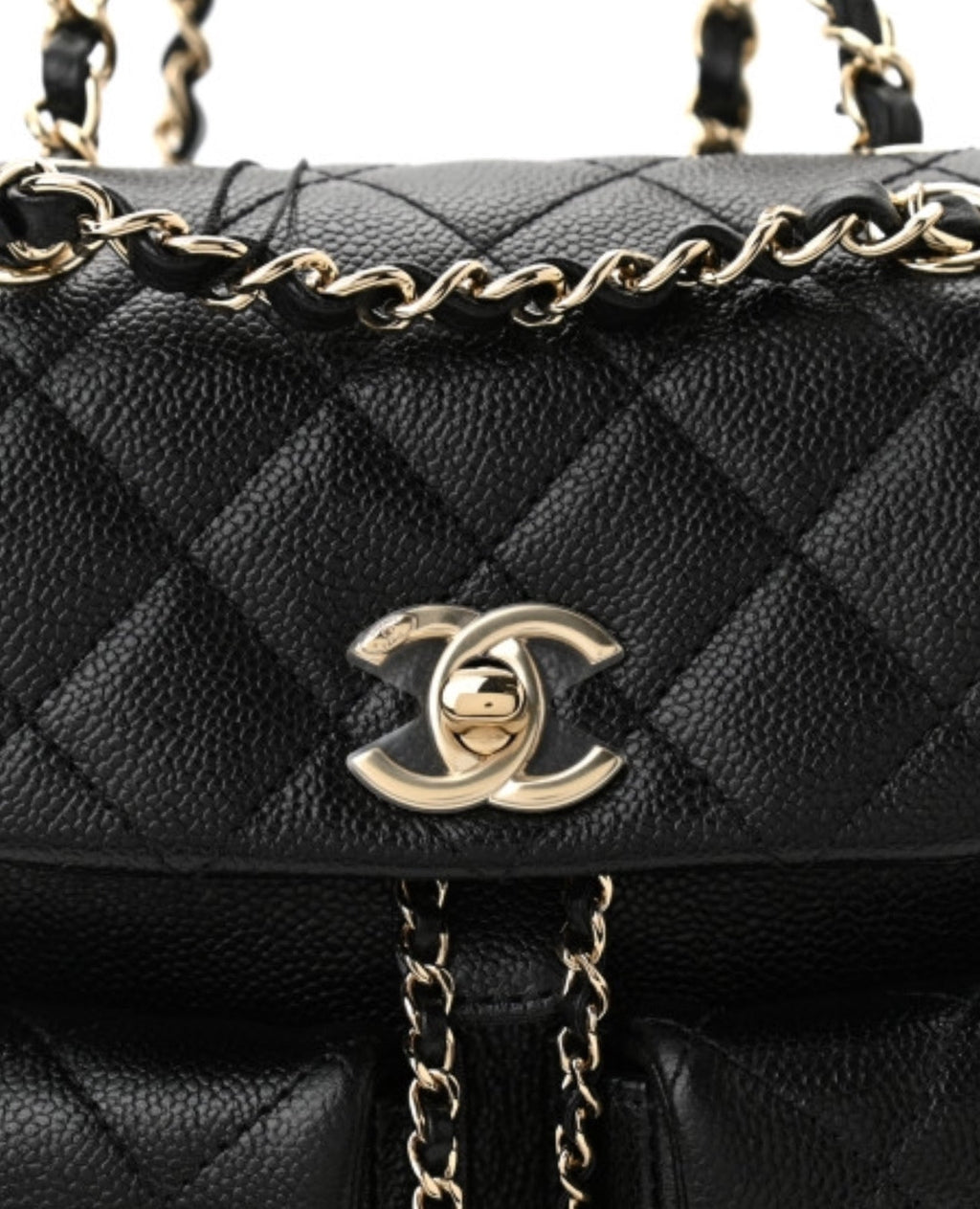 Coco Shiny Caviar Quilted Small Duma Pockets Drawstring Backpack Black