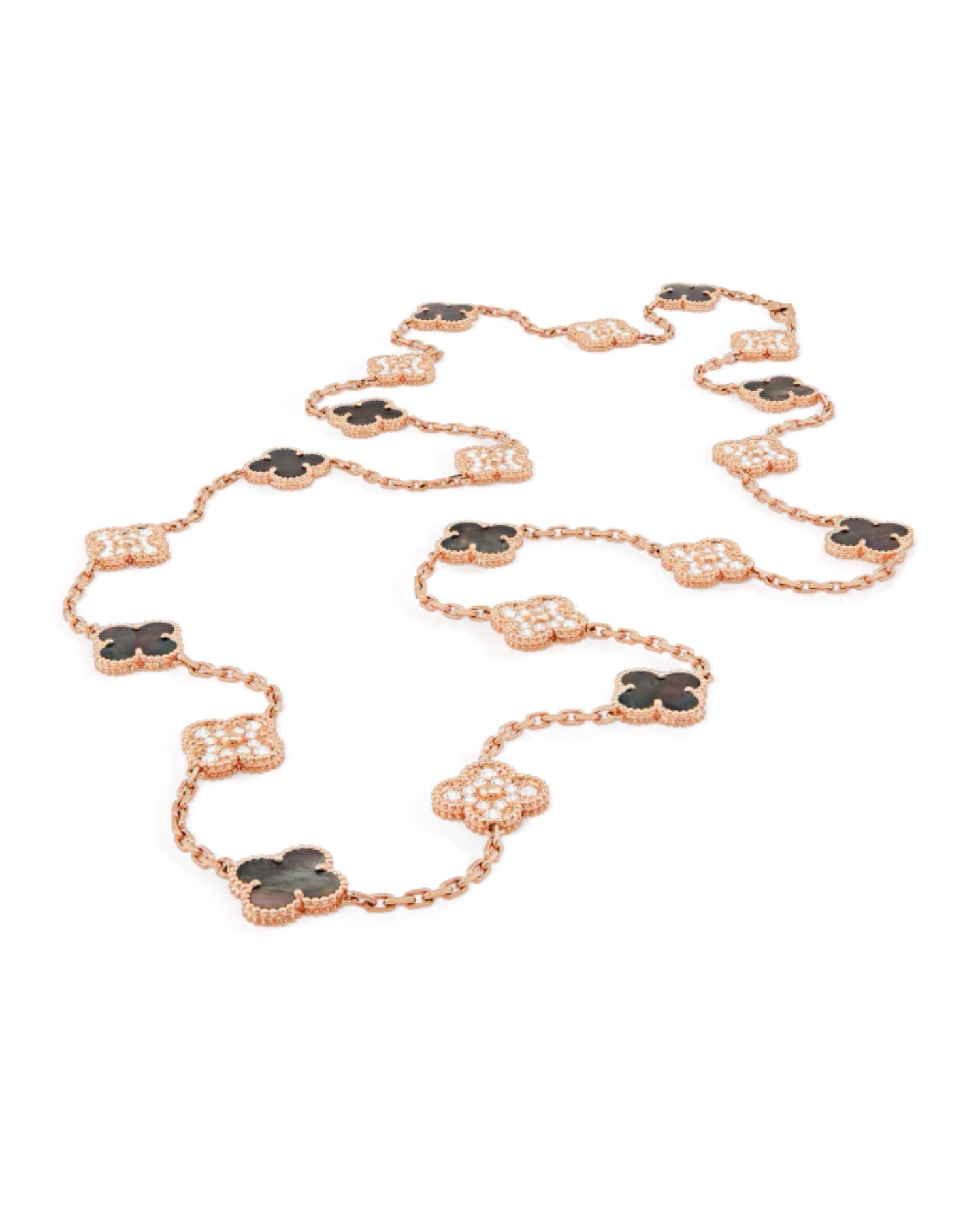 Van Cleef Vintage Alhambra long necklace, 20 motifs, rose gold, Diamond, Mother-of-pearl