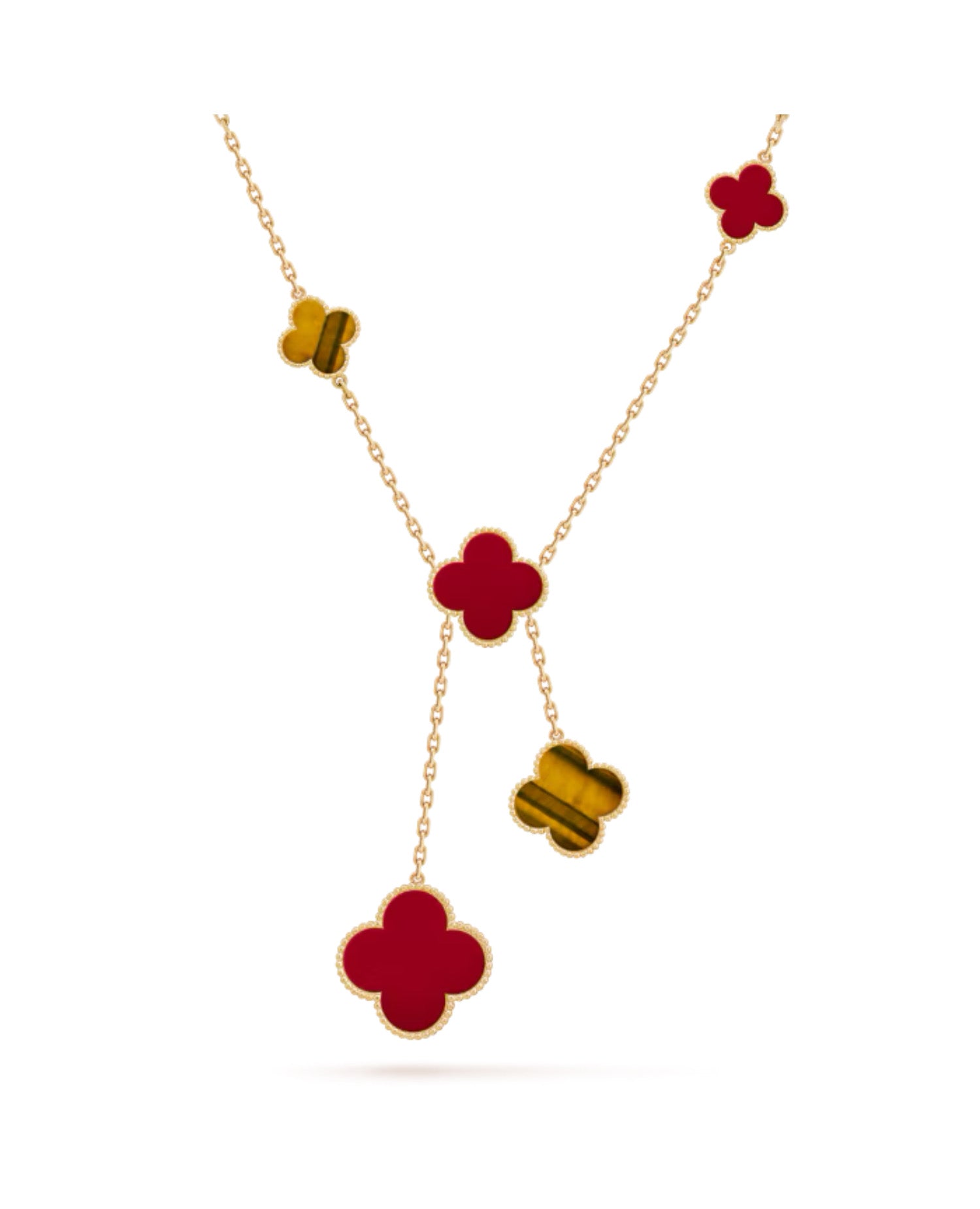 Van Cleef Magic Alhambra Necklace, 6 motifs, yellow gold, Carnelian, Tiger Eye