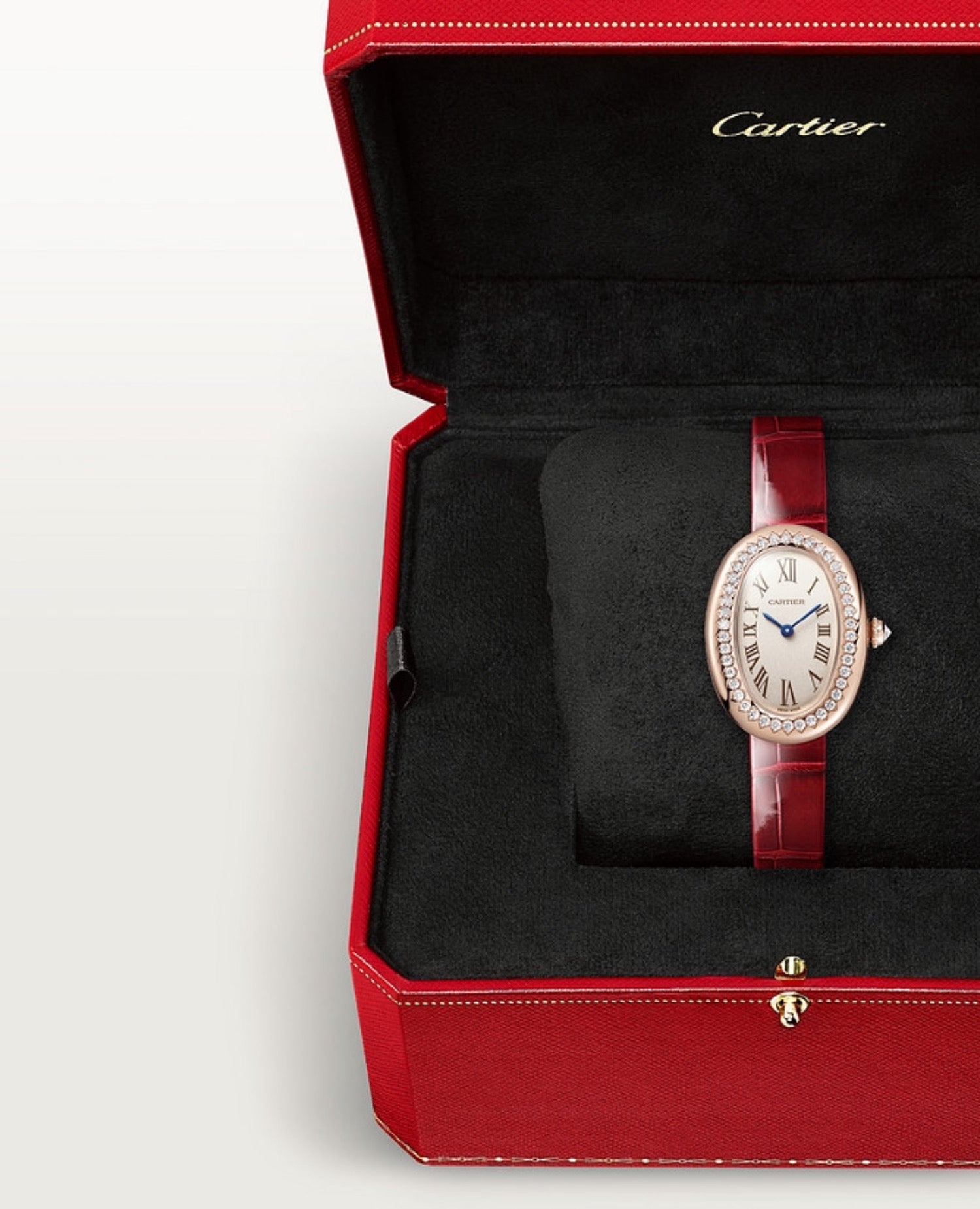 Cartier BAIGNOIRE Watch, Small Model, Diamonds, Red Strap
