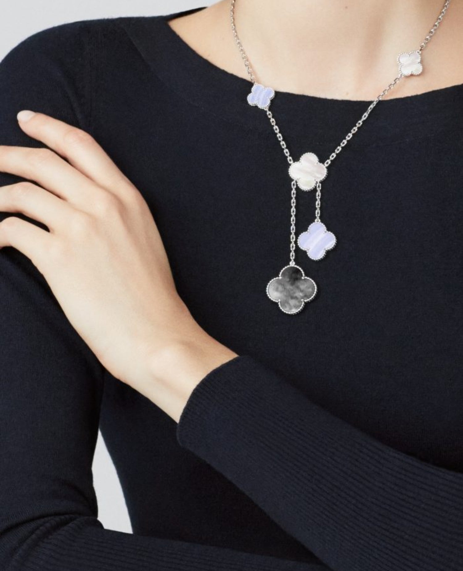 Van Cleef Magic Alhambra necklace, 6 motifs, white gold, Chalcedony, Mother-of-pearl