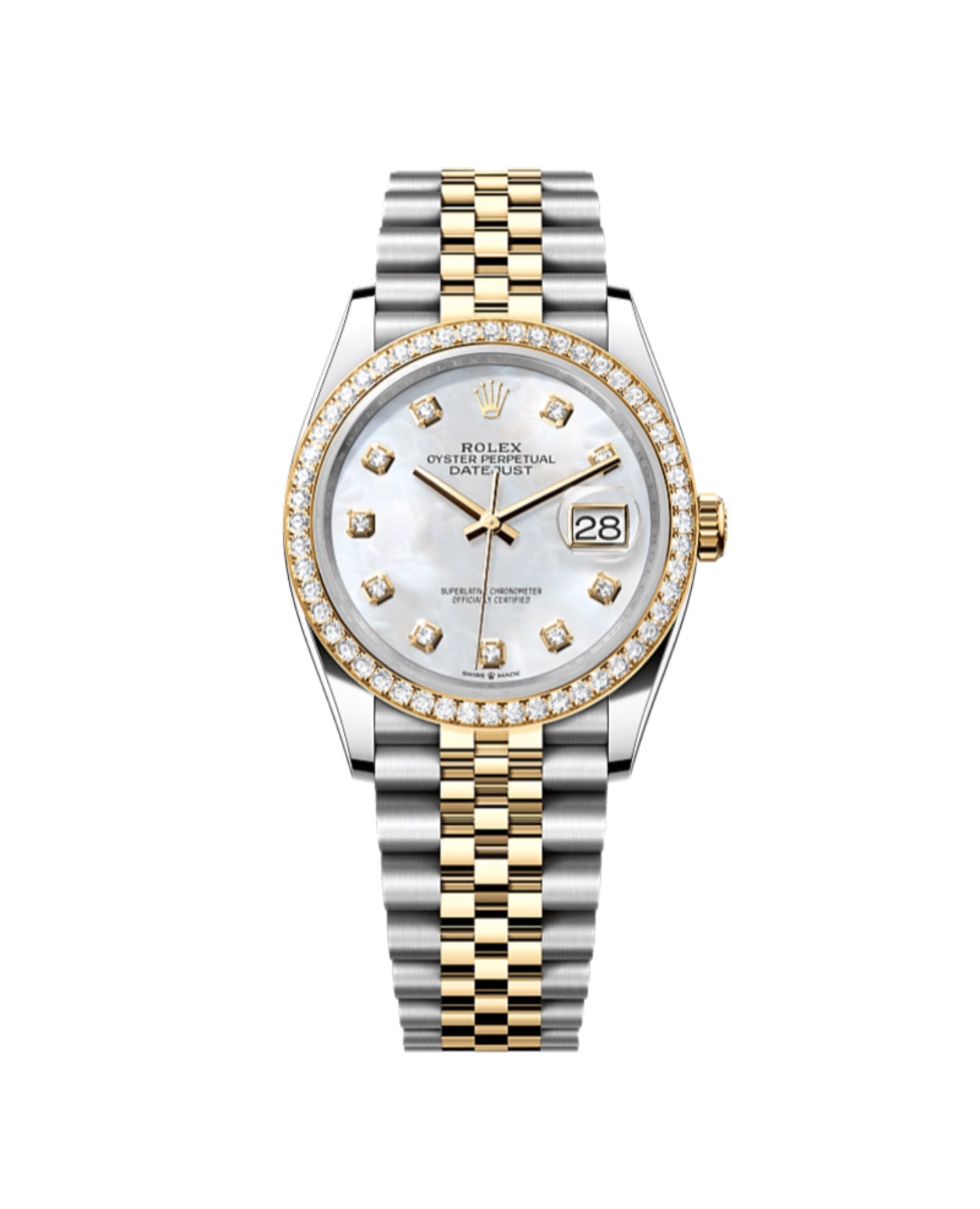 Rolex Datejust 36 Oyster, 36 mm, Oystersteel, yellow gold and diamonds, White mother-of-pearl