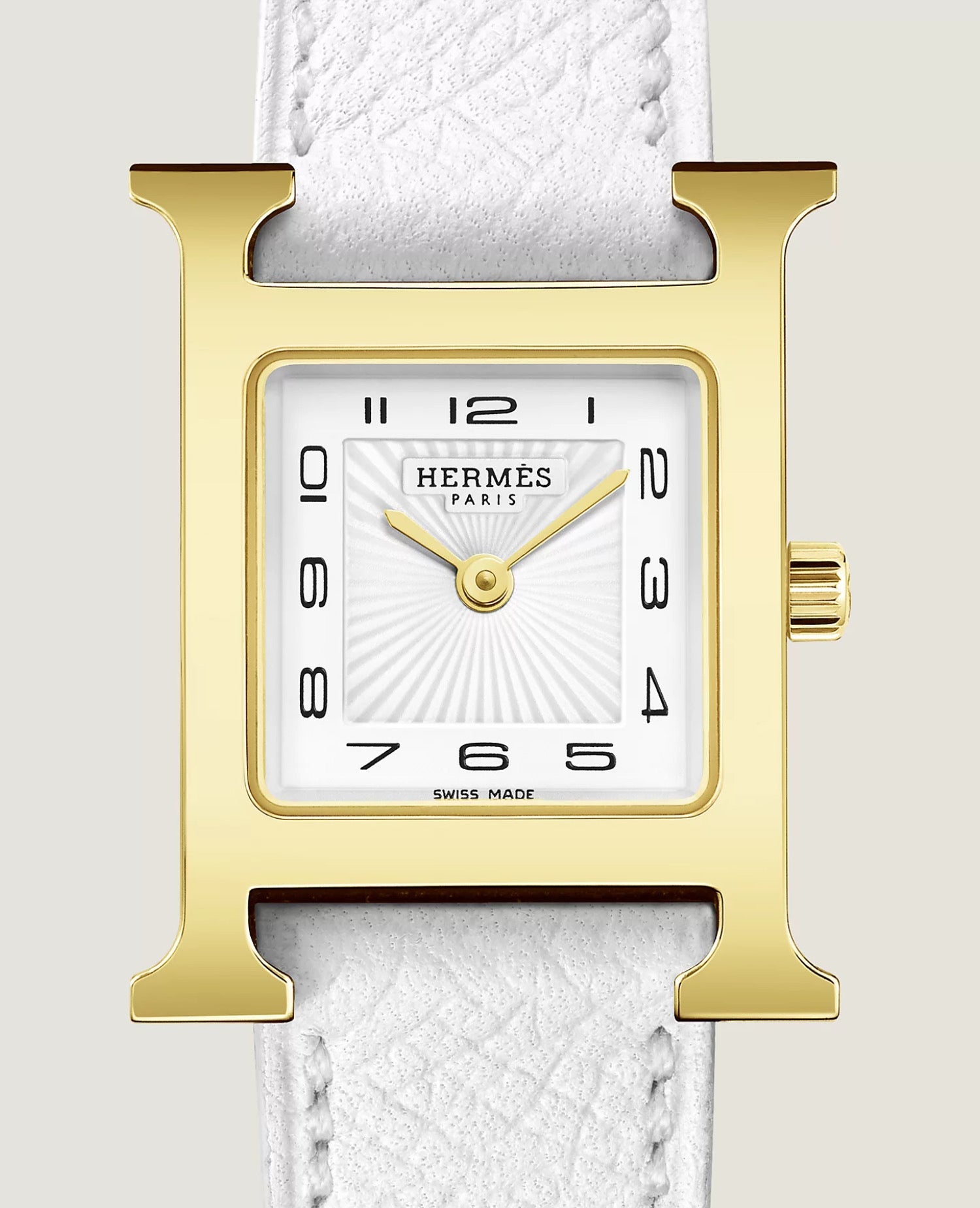 Hermès Heure H watch, Small model, 25 mm Yellow gold-plated steel, White Epsom