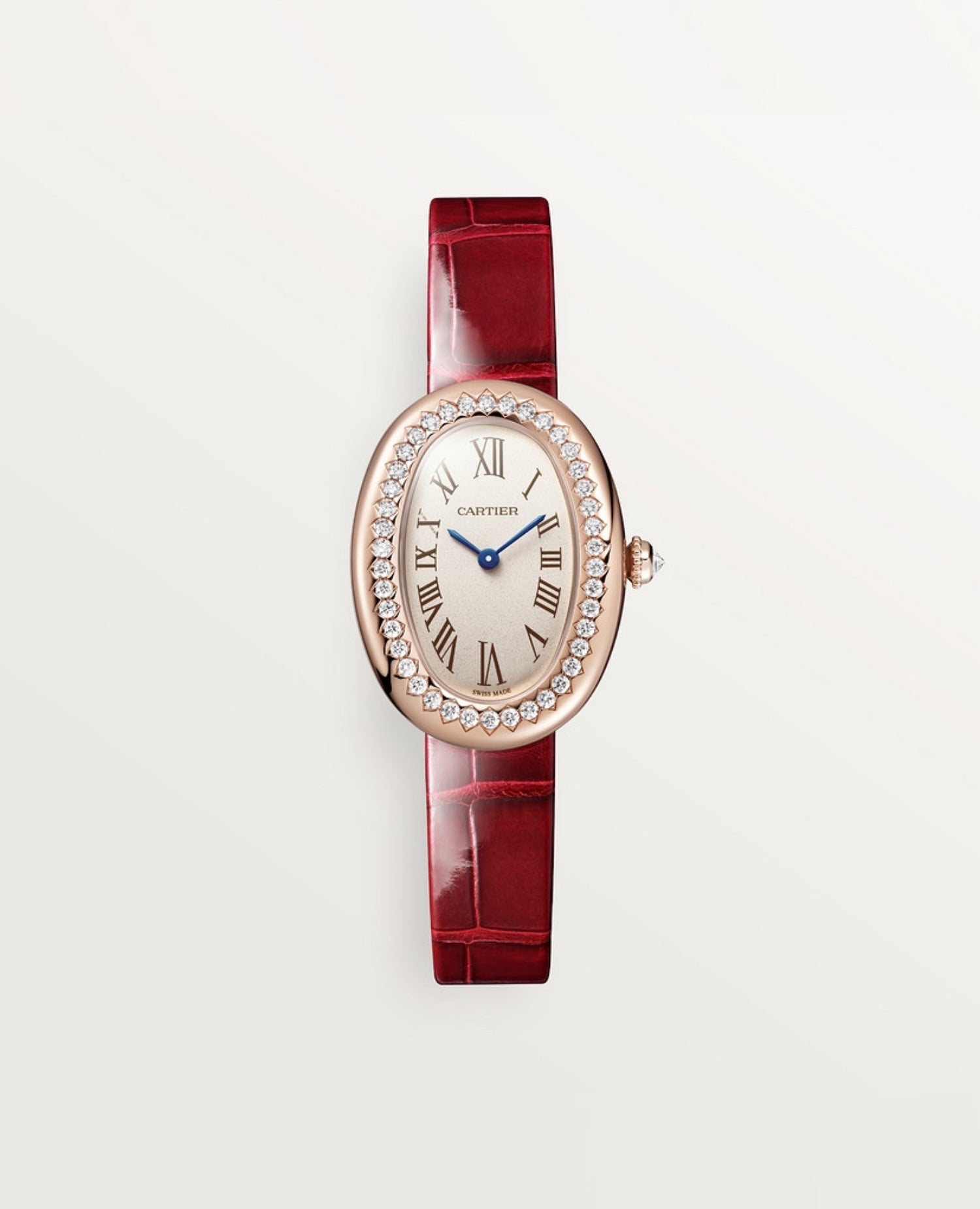 Cartier BAIGNOIRE Watch, Small Model, Diamonds, Red Strap