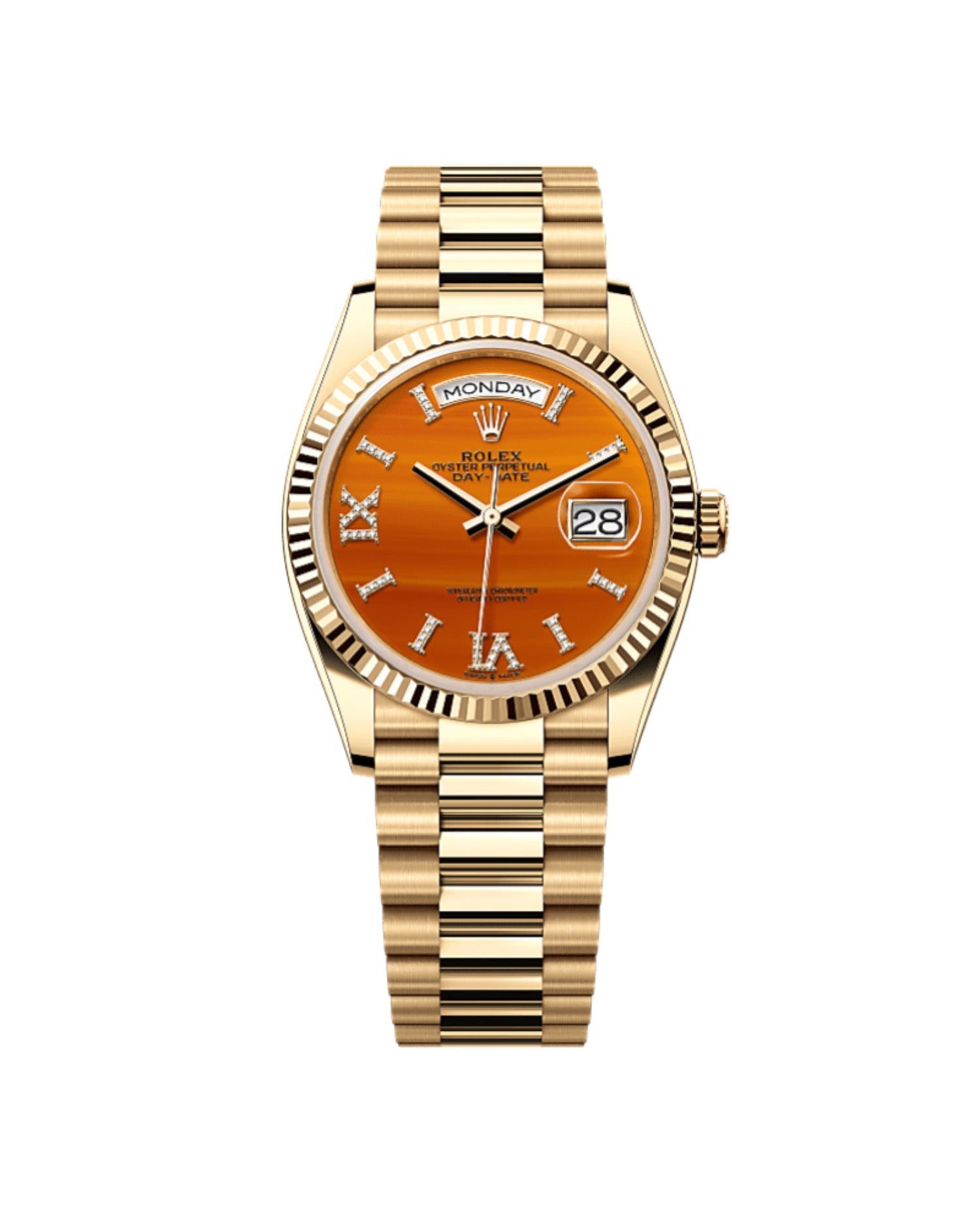 Rolex Day-Date 36 Oyster, 36 mm, yellow gold and diamond, Carnelian